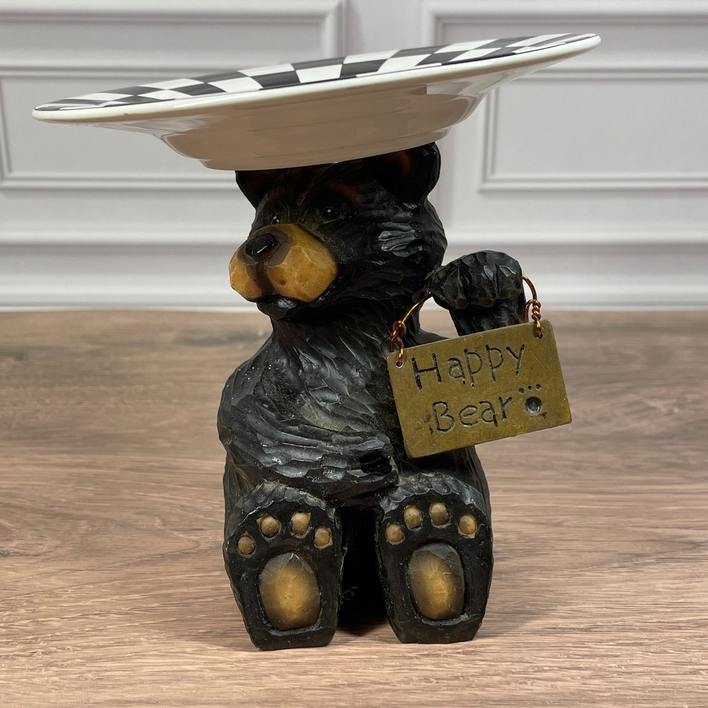 Novelty Happy Bear Figurine Candy Dish Holder, Decorative Black White Plate